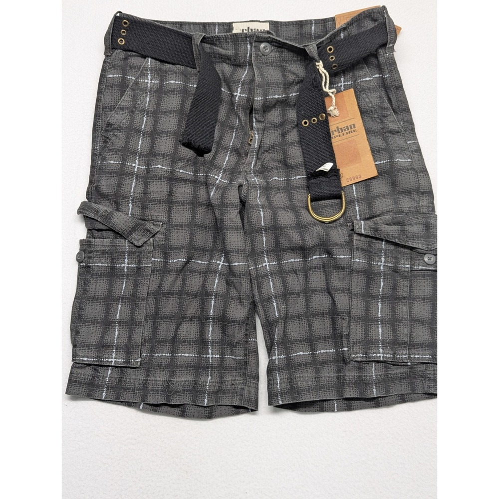 Urban Pipeline Mens Gray Plaid Longer Length Cargo Shorts with Belt Size 33